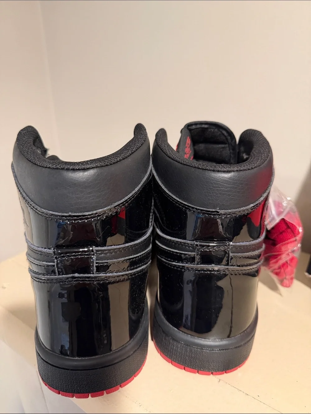 Nike Black Patent Leather High-Top Sneakers with Red Outsole and Laces